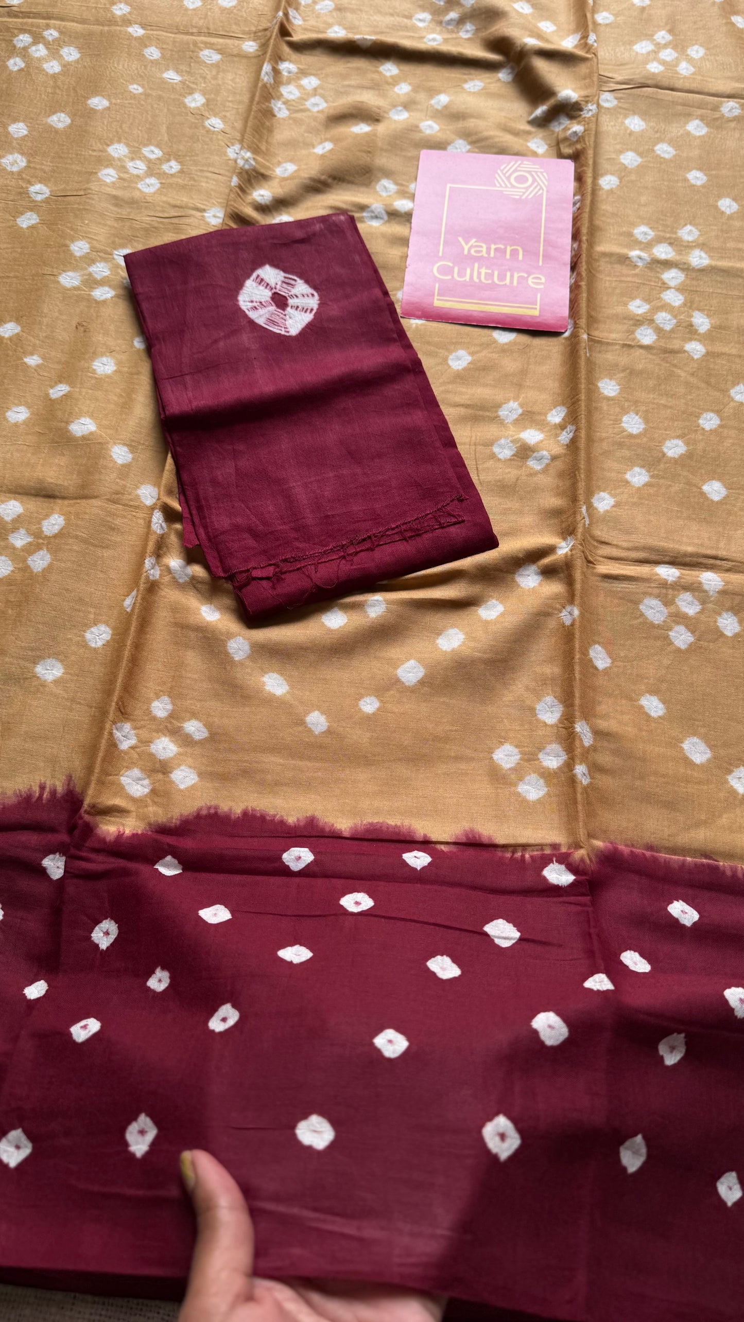 Beige with maroon Sungudi/Bandhani, soft cotton - YCCOTNSEMS78