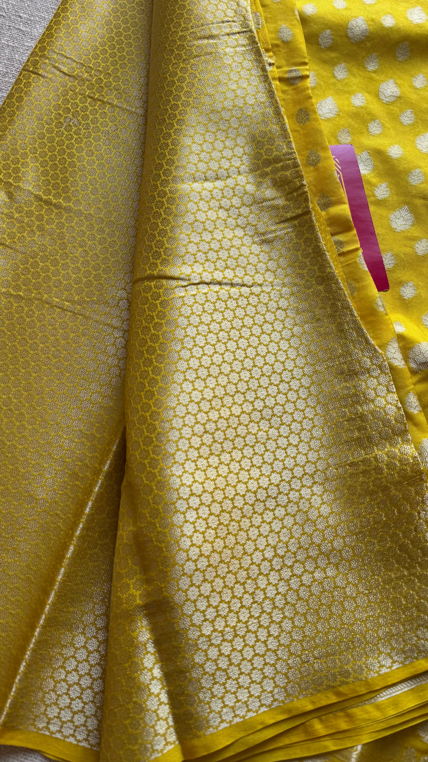 Lemon yellow, silver buttas and zari, Banarasi semi-silk - YCDESE34