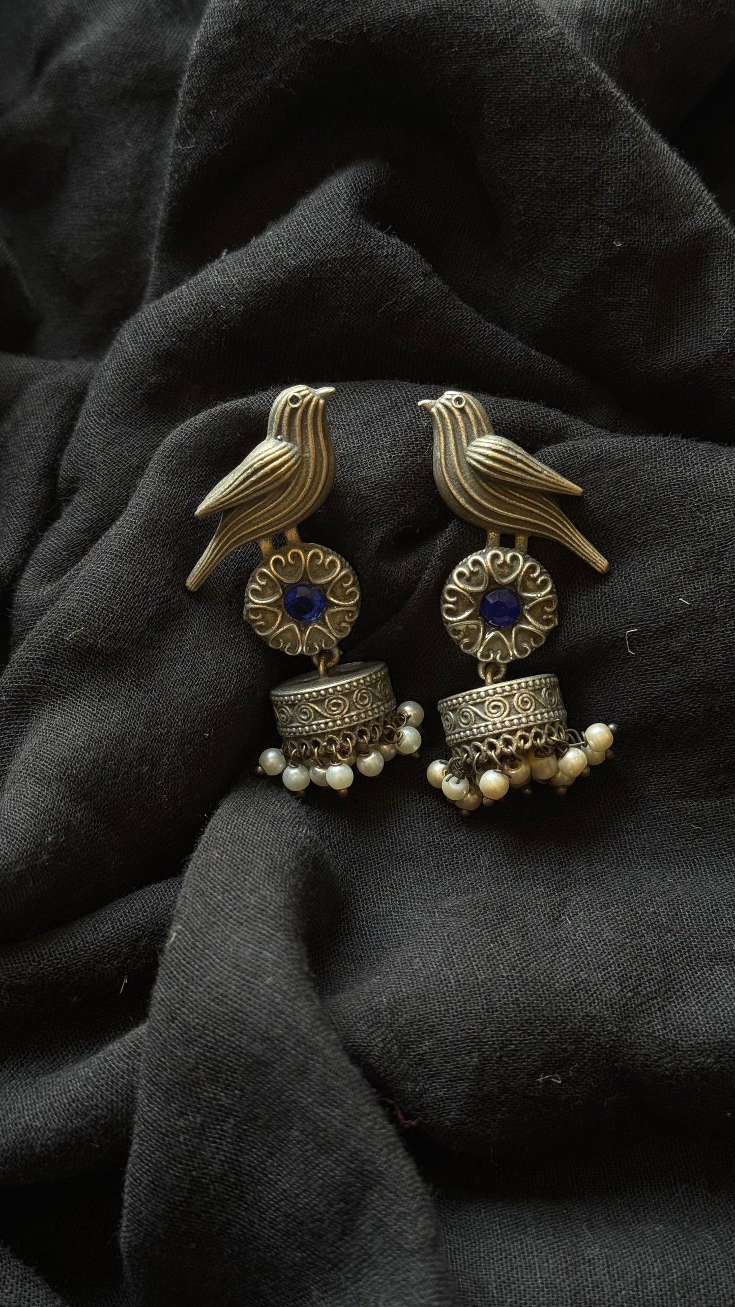 Bird Jhumka, blue stone, black polished oxidised silver - YCOSEJ451