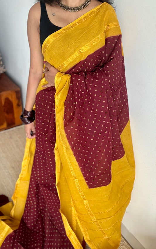 Maroon with yellow, sungudi motif and rudraksham border, madurai soft cotton - YCCOTNAUSC04