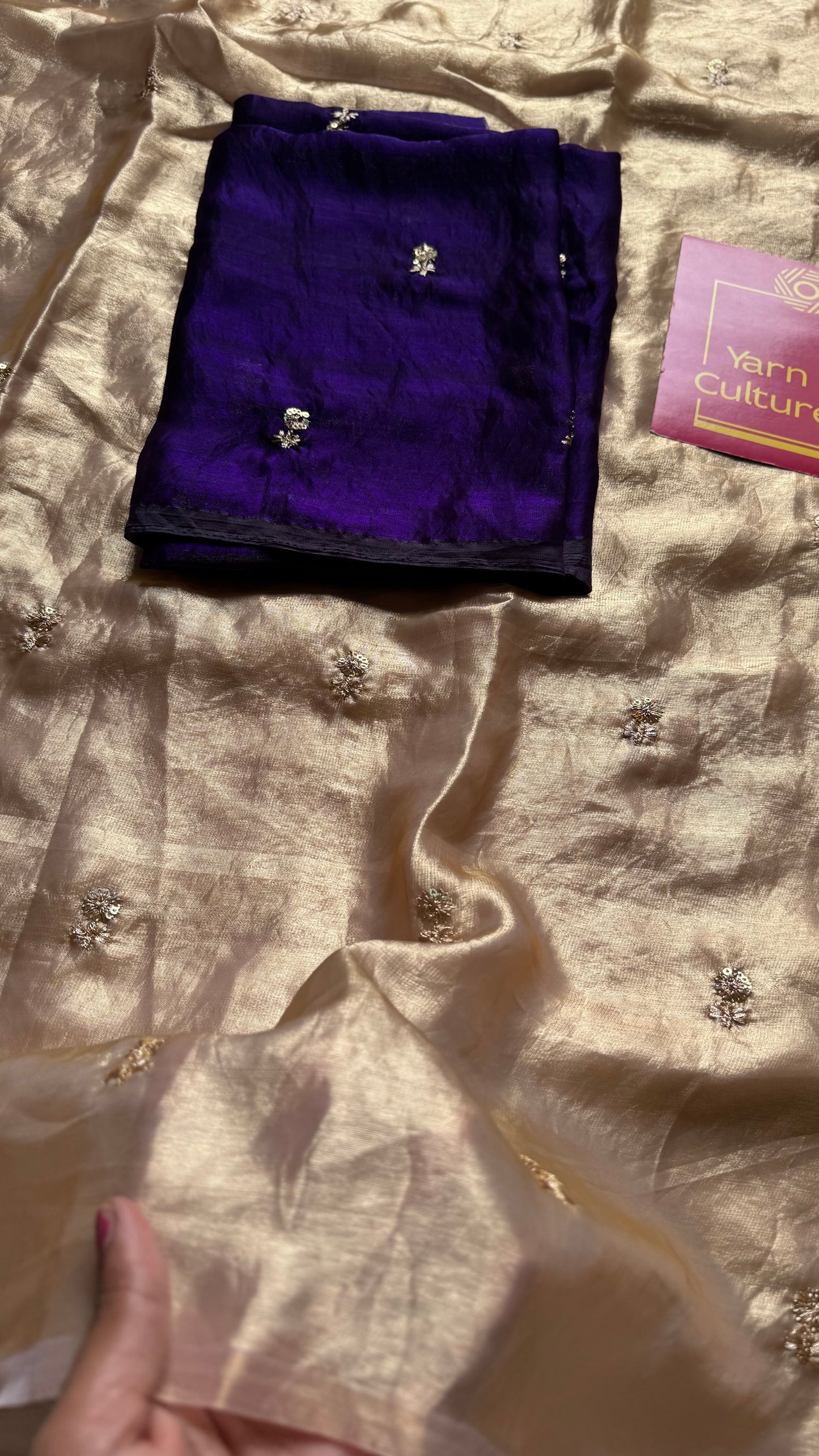 Light gold with a hint of pink, fendy satin with sequin work, contrast violet blouse - YCDOSFE14