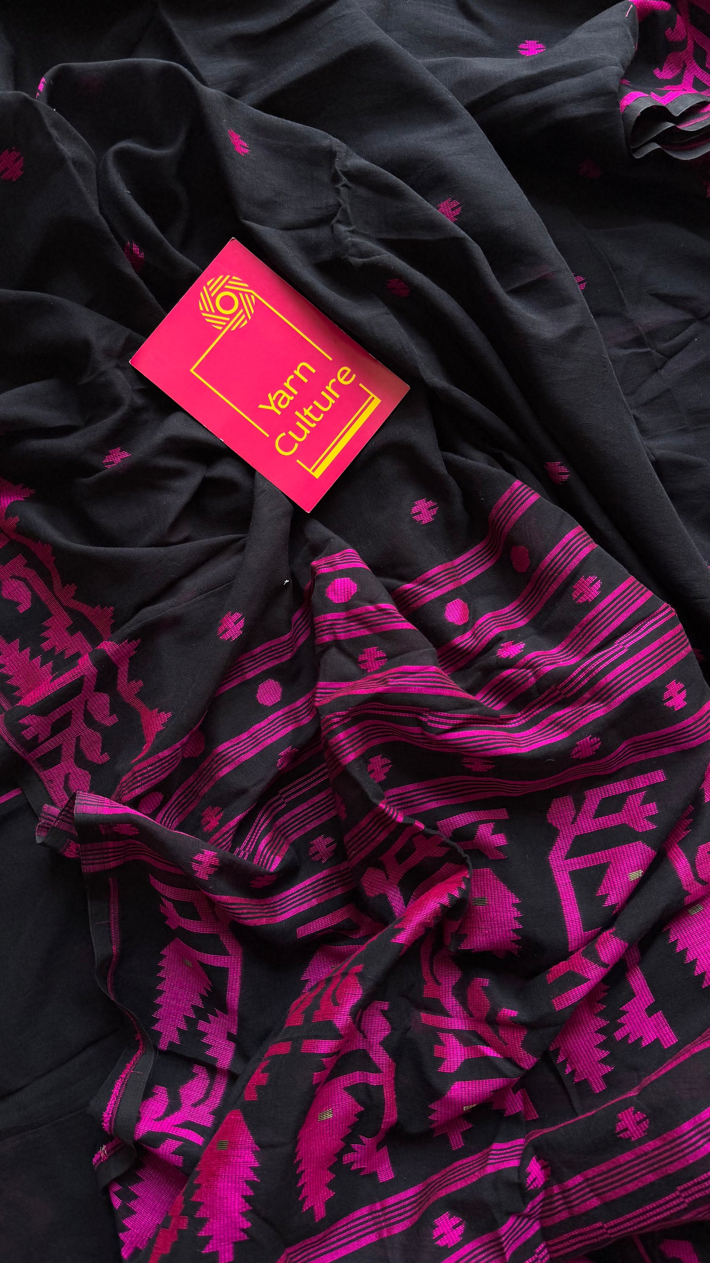 Black with magenta contrast jamdani saree in soft handloom cotton - YCBCJDFE380
