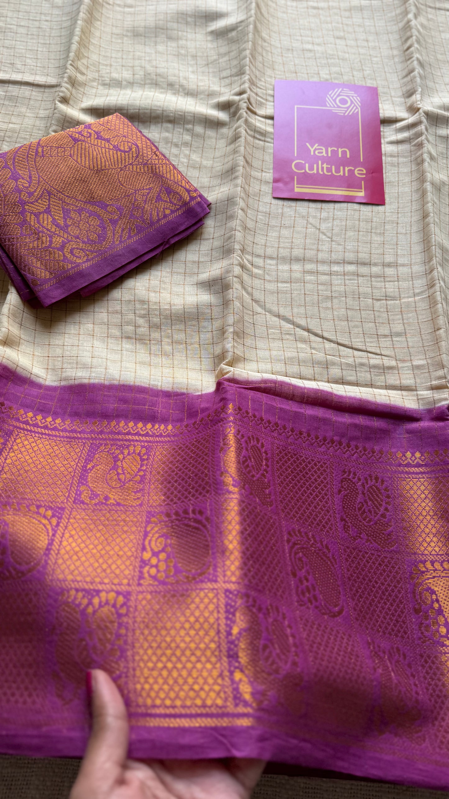 Ivory checks with dark magenta mayuri checkered zari border, madurai cotton - YCCOTNOCSC01