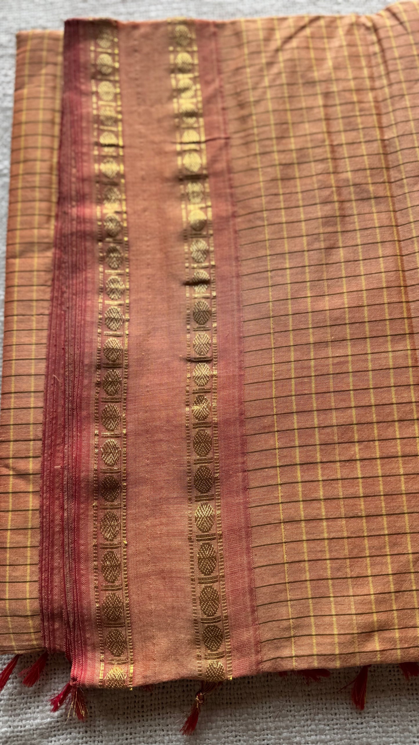 Salmon peach, arani checks, cotton silk - YCCOTNOCAR10