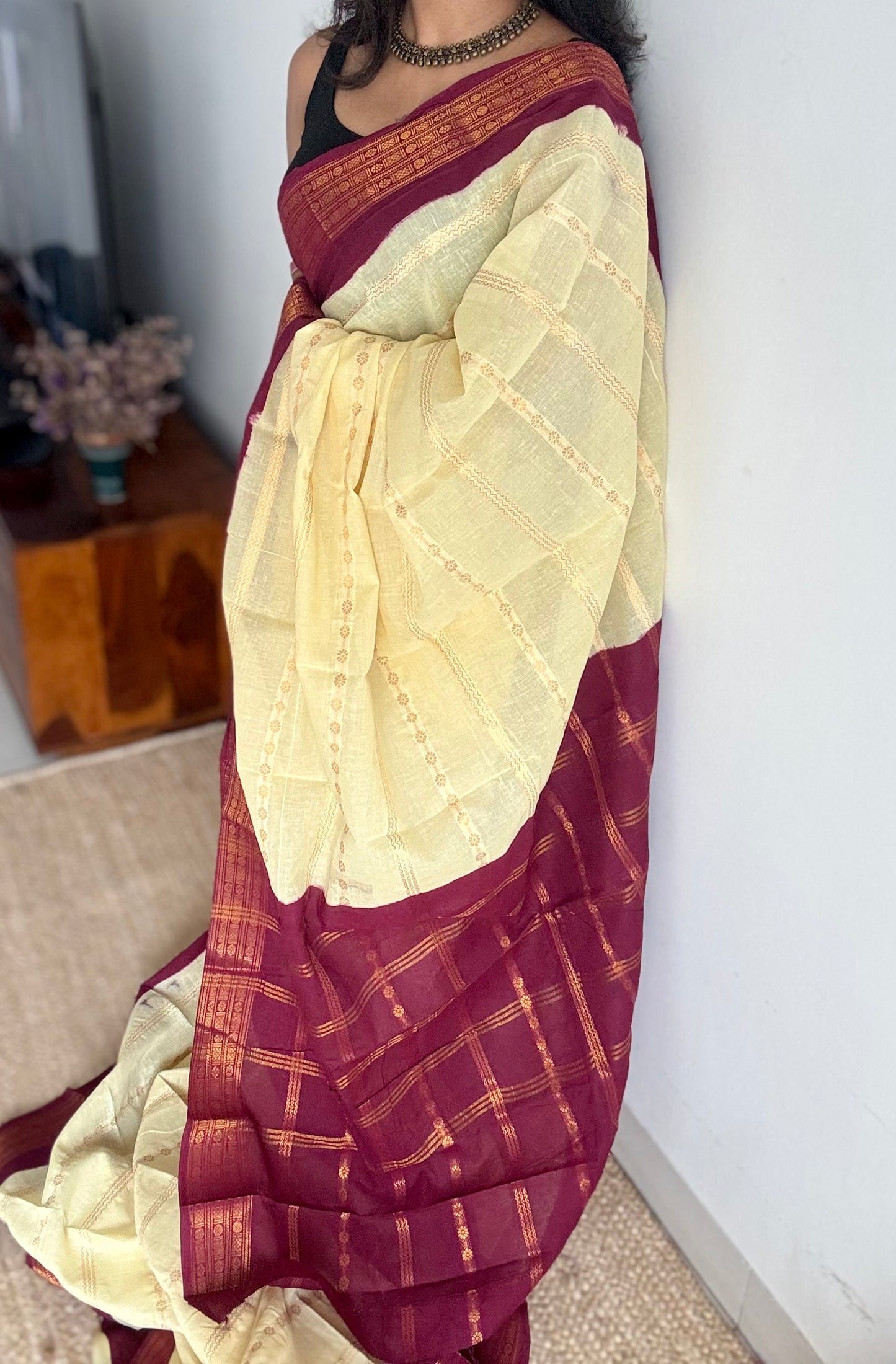 Custard yellow with maroon, motif striped sungudi, soft cotton - YCCOTNSSP02