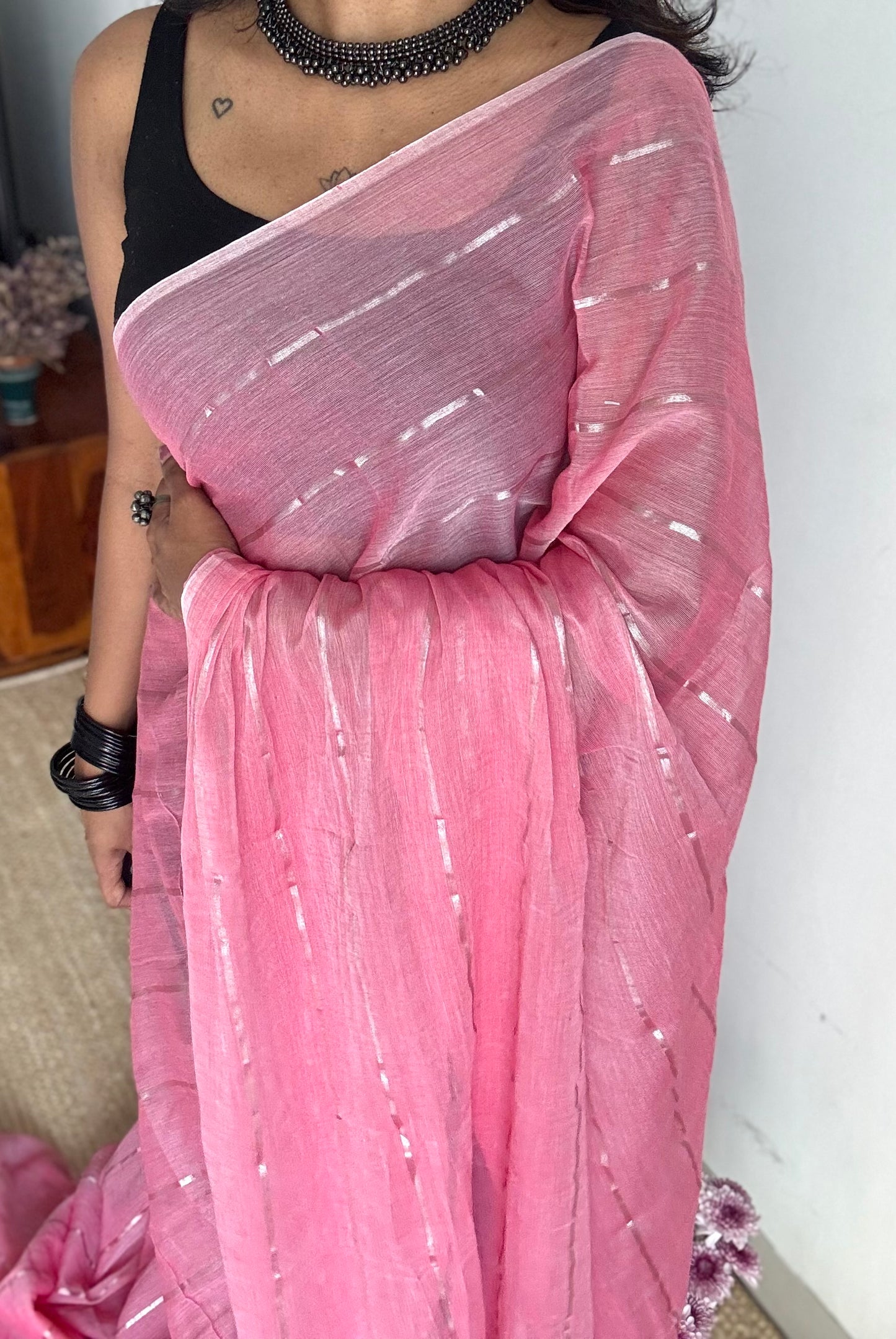 Candy Rose - pastel dusty pink with silver zari stripes, mul cotton - YCBCJULMS04