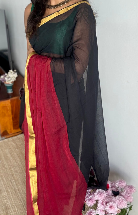 Black with dark red half-half patterned mul with zari border - YCBCMCNO77