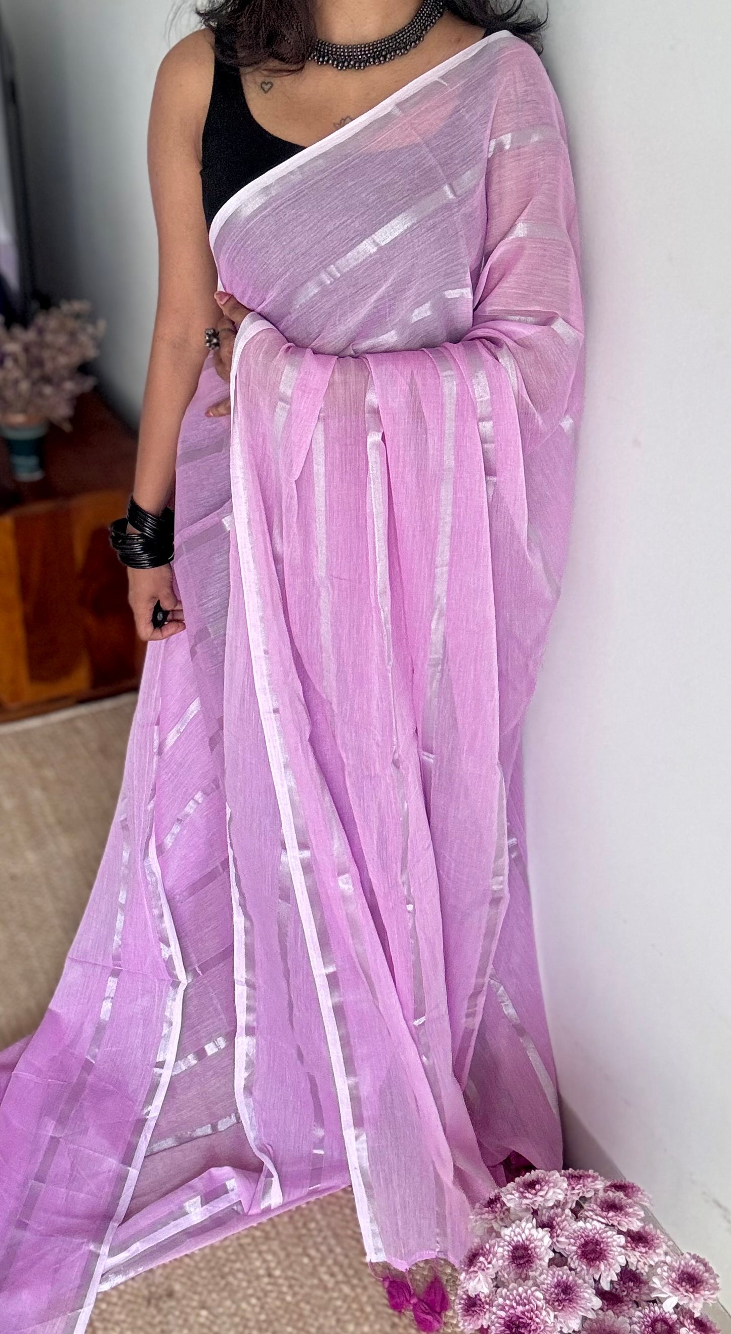 Lilac Fluff - soft lilac with silver zari stripes, mul cotton - YCBCJULMS01