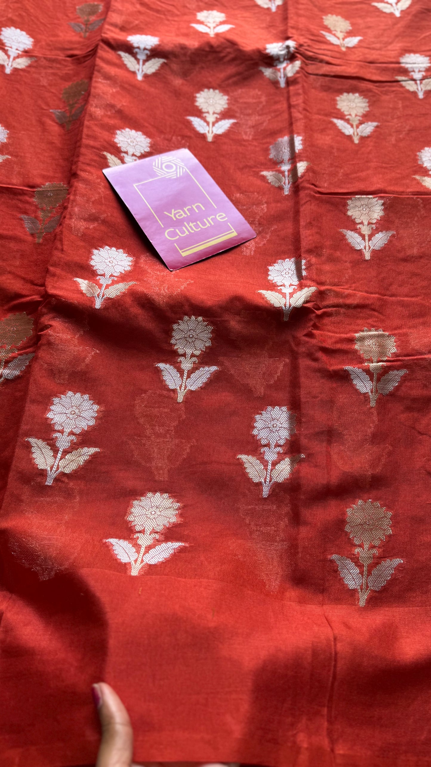 Rust orange with gold and silver floral buttas, Banarasi semi-crepe silk - YCDESE50