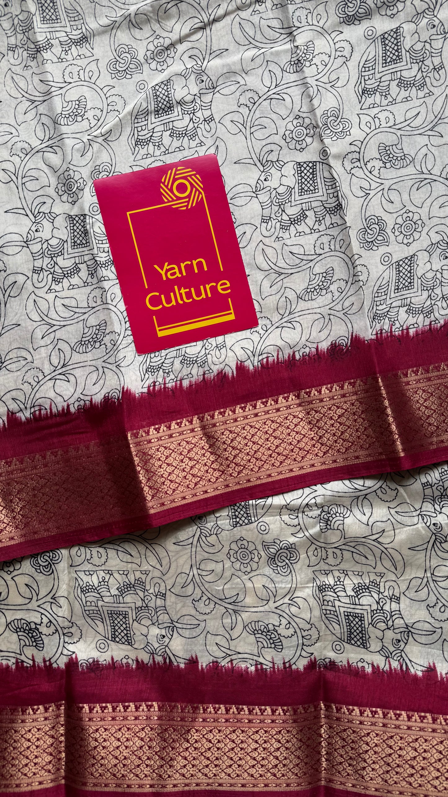 White and red contrast, printed kalamkari, semi-tussar - YCWOTDSTK03