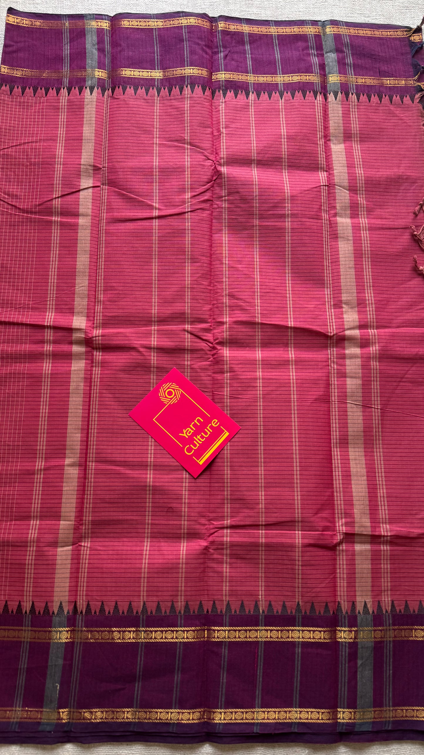 Dark pink with maroon border, temple motifs, checkered body, kanchi cotton - YCCOTNOCKC29