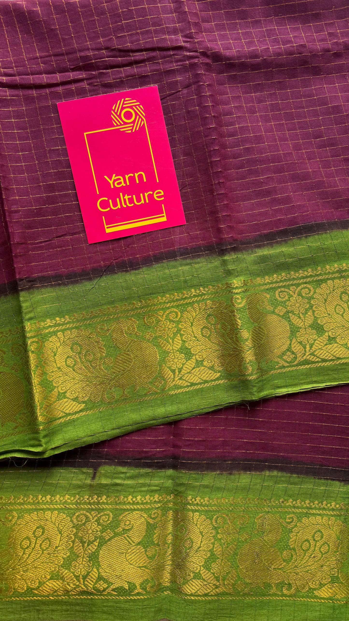 Wine with green checkered sungudi, madurai cotton - YCCOTNOCSC25