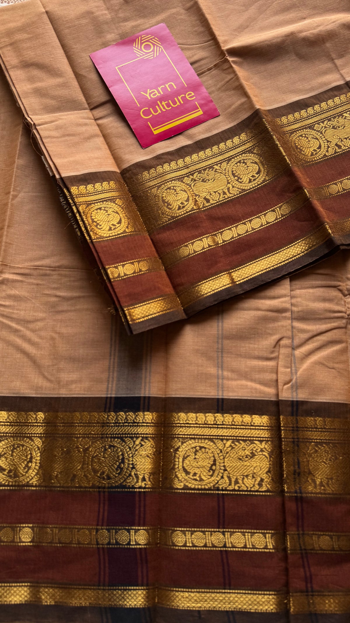Sandal with brown gap zari border, chettinad cotton saree - YCCOTNCCOC120