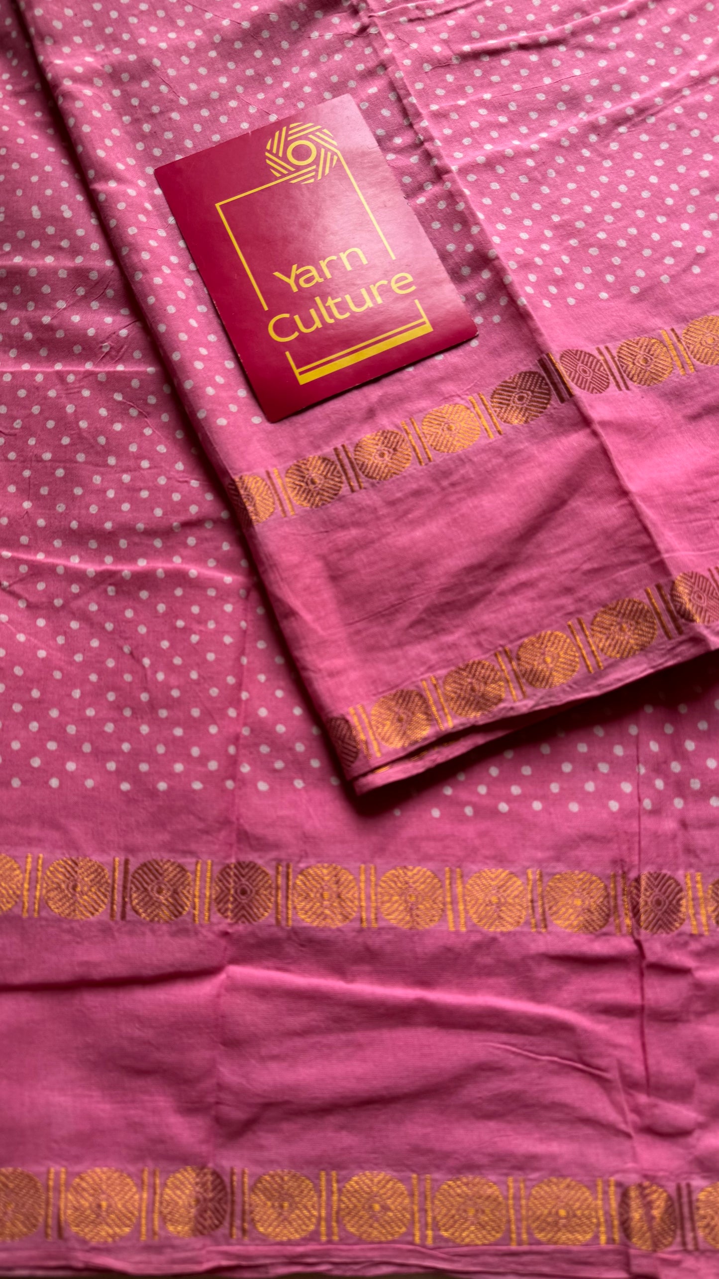 Pink wax dot printed sungudi, kattuchayam dyed madurai cotton saree - YCCOTNMA279