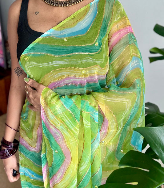 Green multicoloured leheriya chiffon saree with mirror work - YCTORLOC97