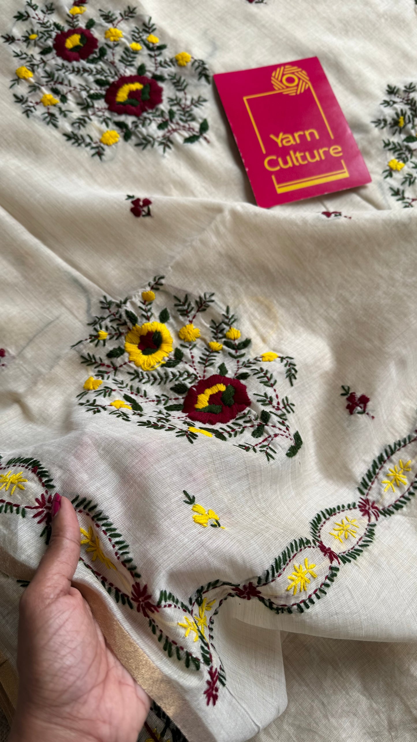 Ivory maheshwari cotton silk blend with yellow and maroon floral kantha threadwork - YCBLJULMK07