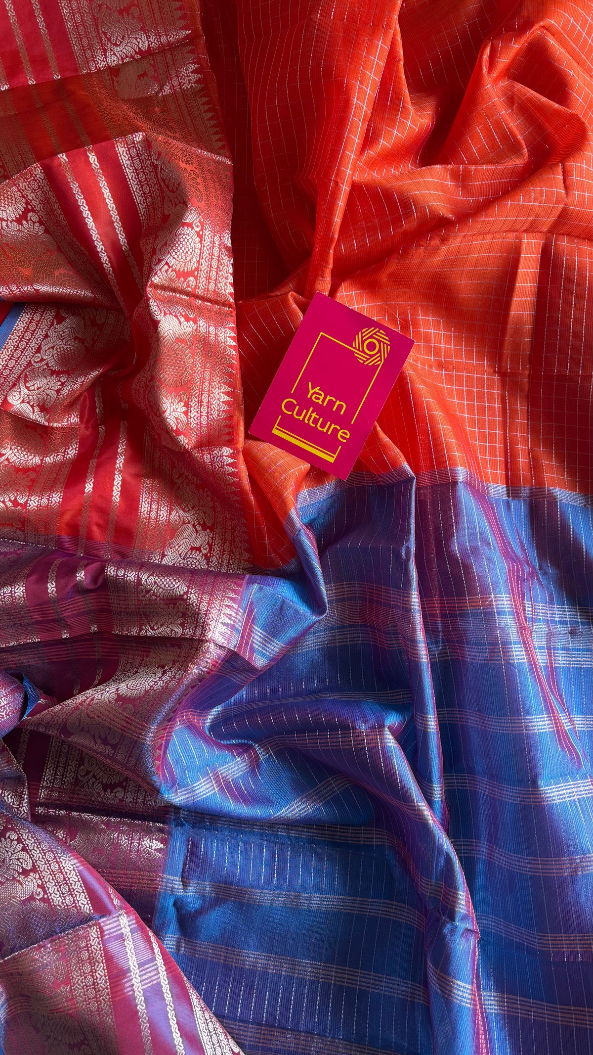 Orange with blue silver zari checks, silver and gold peacock woven zari border, mangalgiri silk cotton, handwoven, soft, light weight - YCWOTDMSCOC122