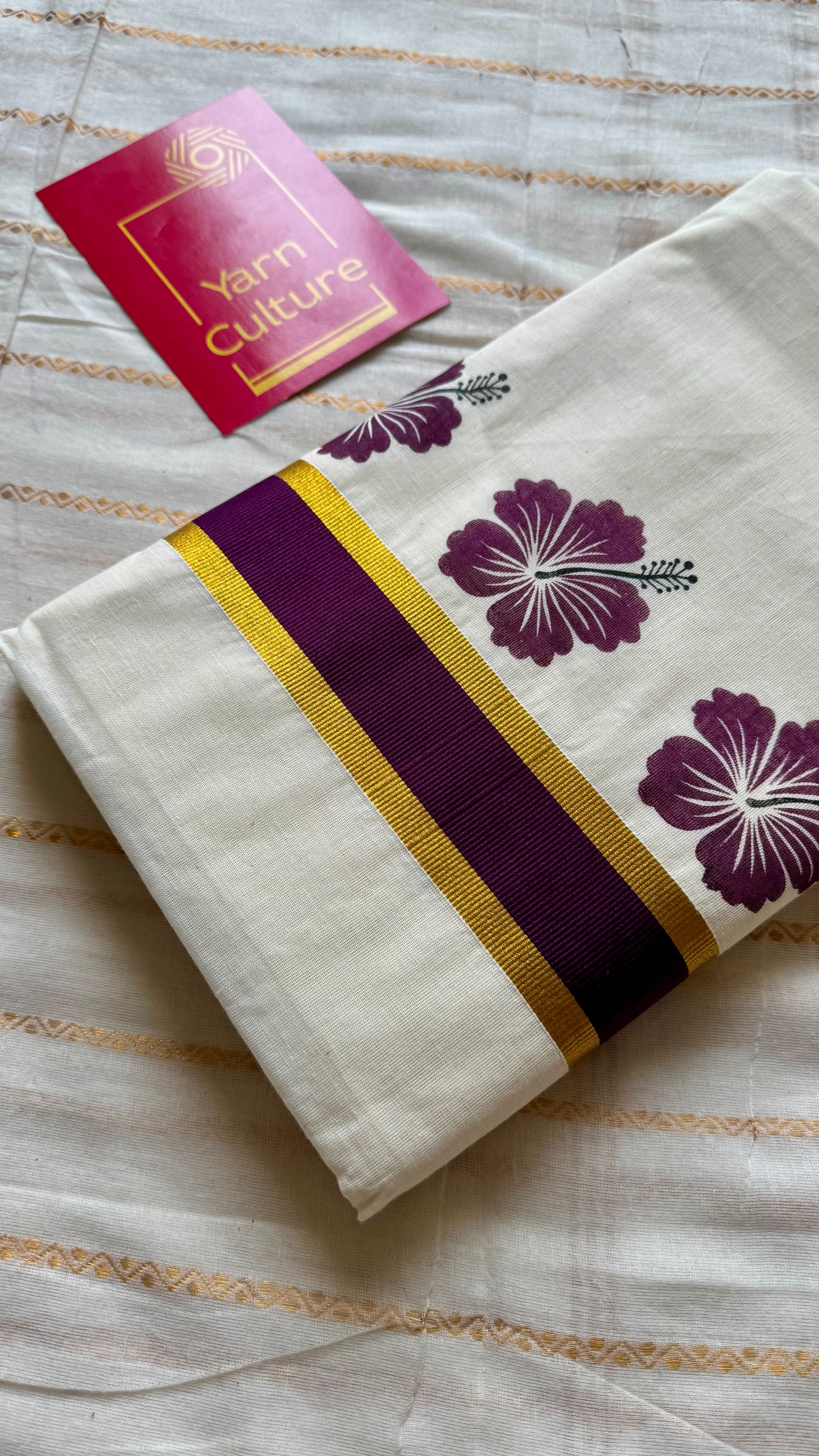 Ivory and gold soft cotton saree, wine hibiscus (chembarathi) flowers - YCIEON63