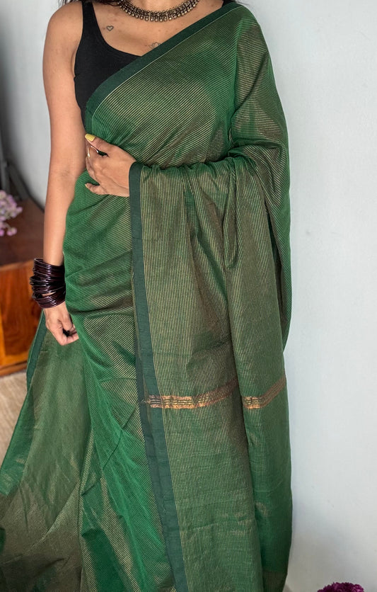 Dark green, gold zari stripes, soft cotton - YCBCKCZDE107