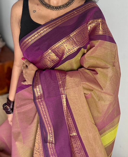 Pale taupe dual tone with dark purple contrast border, kanchi cotton - YCCOTNOCCC05