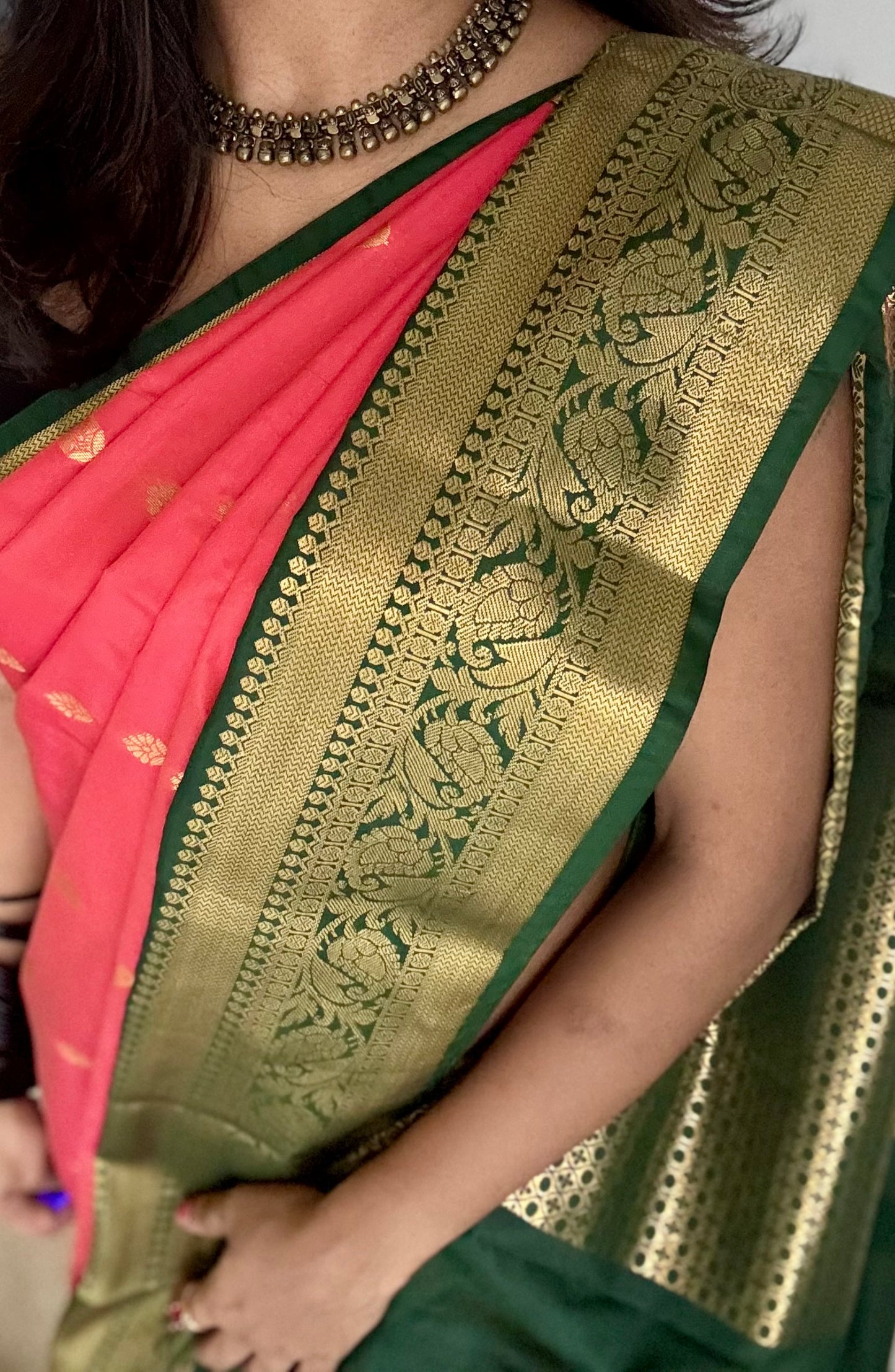 Kavini - peach with dark green, handloom korvai semi silk - YCCOTNFEJUKS01