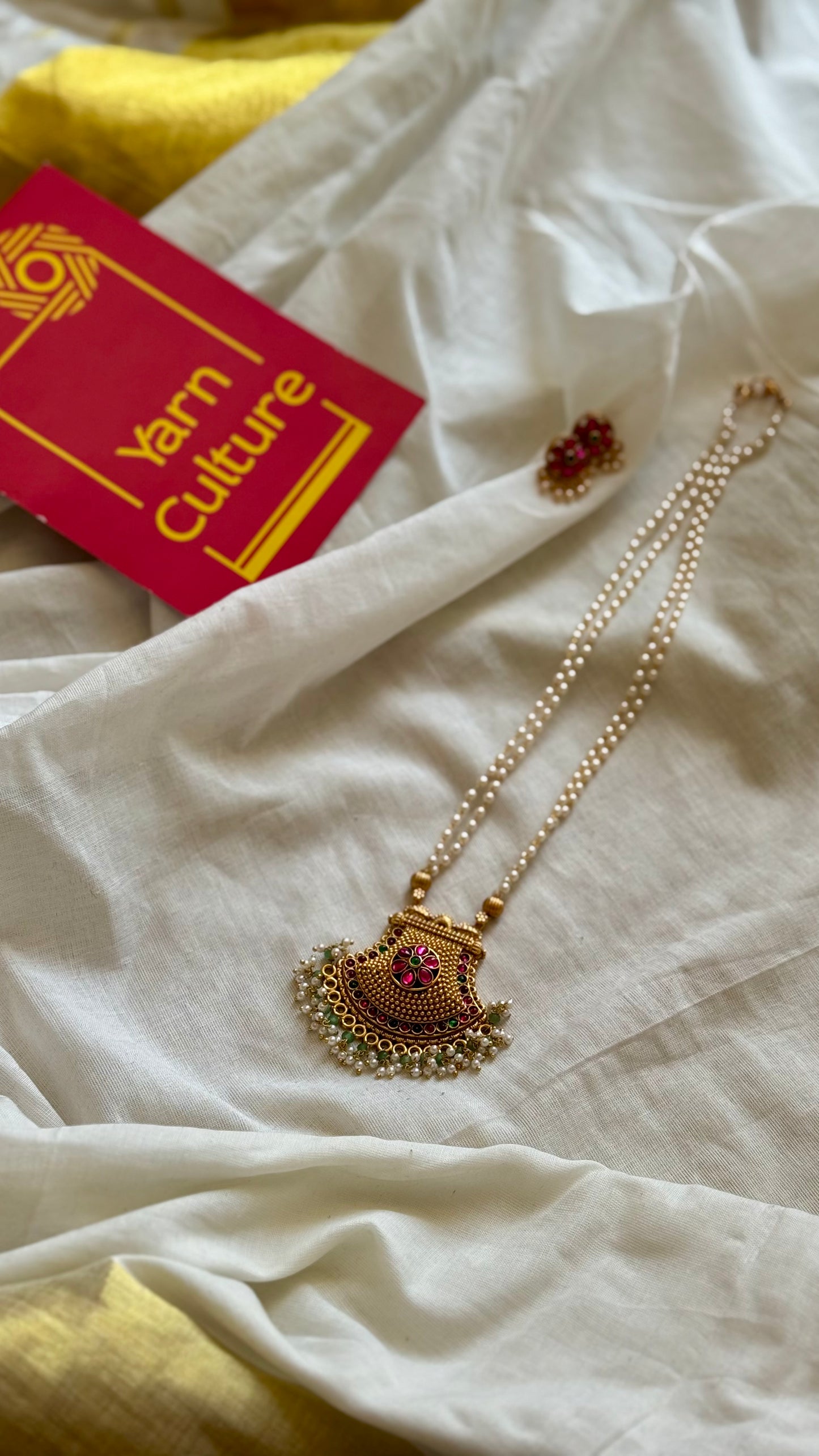 Ruby green pendant pearl chain neckpiece with earrings - YCGPNP666