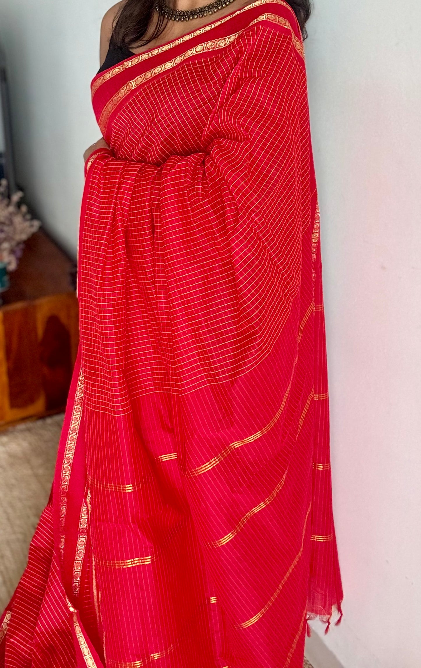 Red, arani checks, cotton silk - YCCOTNOCAR06