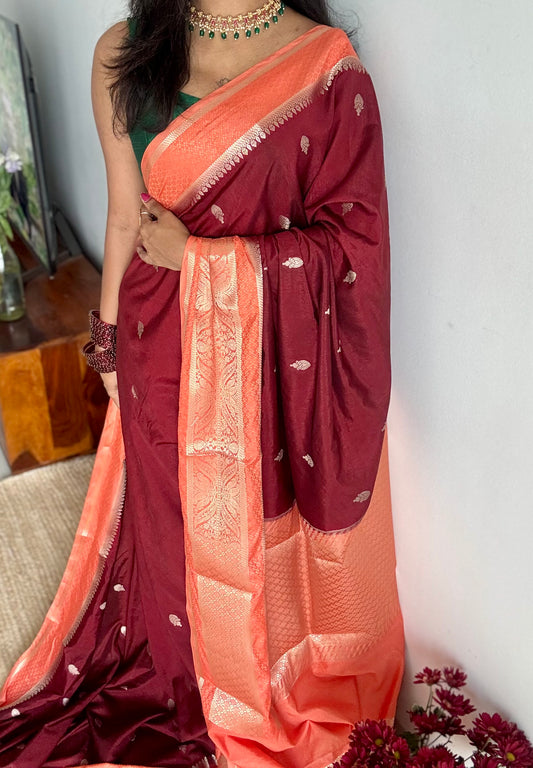 Maroon with peach border, Banarasi semi-silk - YCDESE02