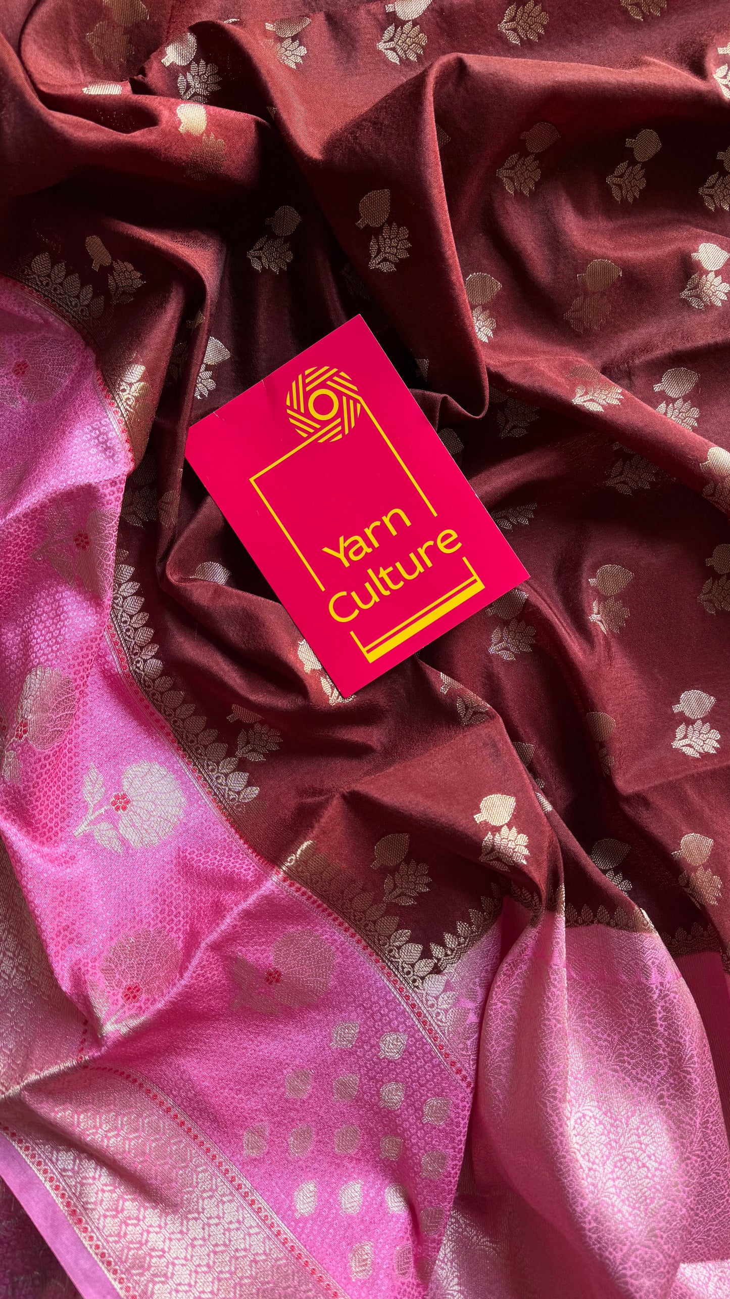 Coffee brown with pink border, semi dupion silk - YCBLSSJA23