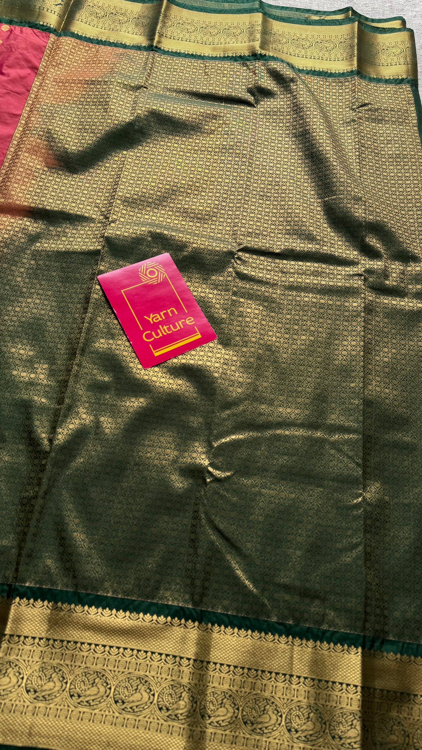 Kavini - peach with dark green, handloom korvai semi silk - YCCOTNFEJUKS01