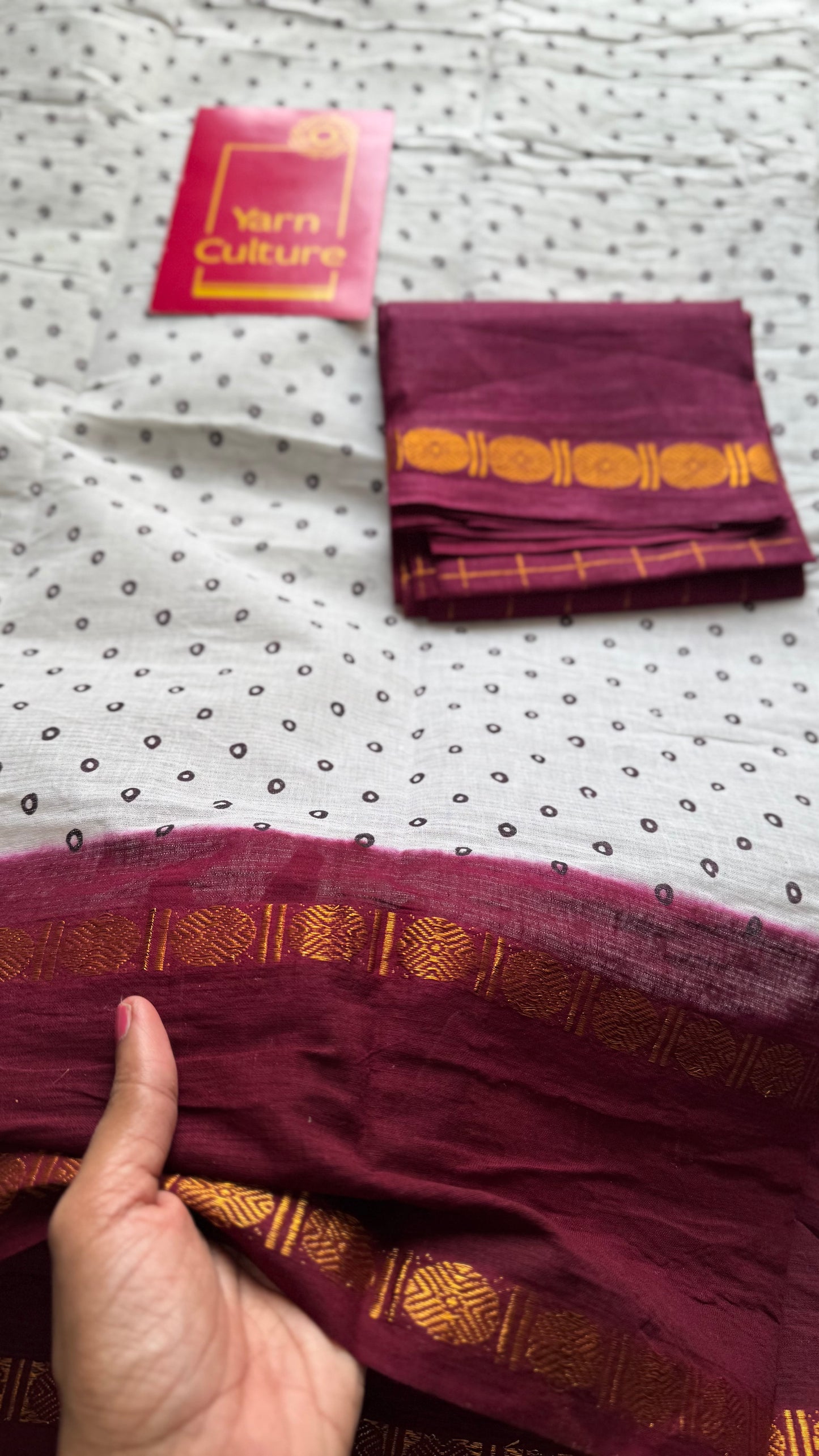 White with maroon sungudi motif and rudraksham border, madurai soft cotton - YCCOTNAUSC01