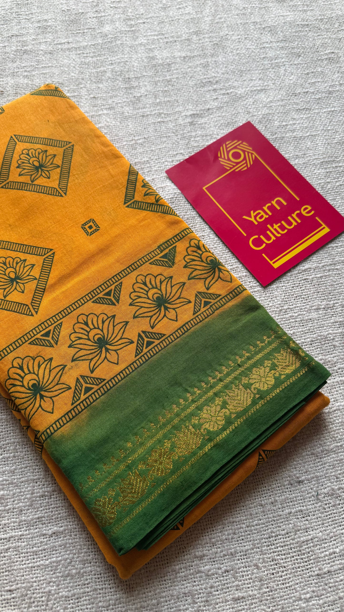 Yellow with green, motif printed, kattuchayam dyed madurai sungudi cotton saree - YCCOTNMSFE72