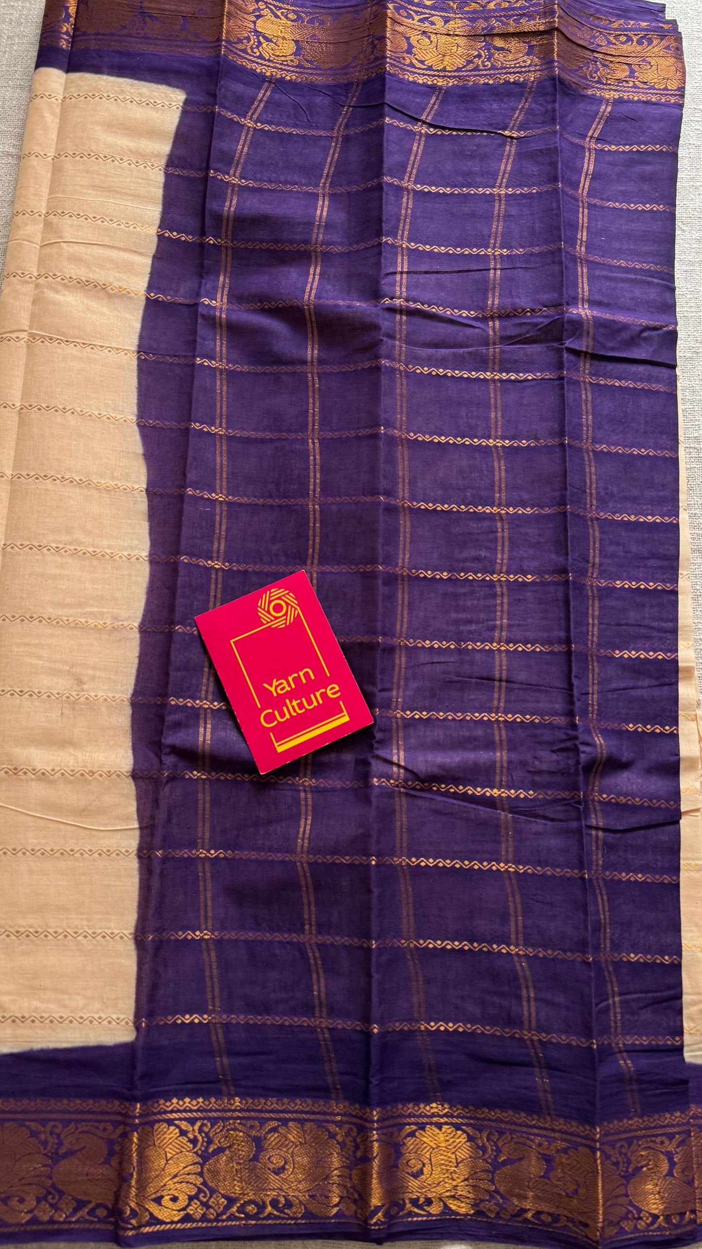 Cream with purple, peacock motif border - madurai kattuchayam dyed - YCCOTNAUS20