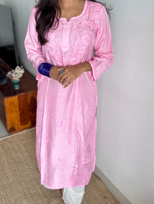 Baby pink muslin chikankari with ghas patti work, stitched kurta, round neck, three fourth sleeves - YCSECK33
