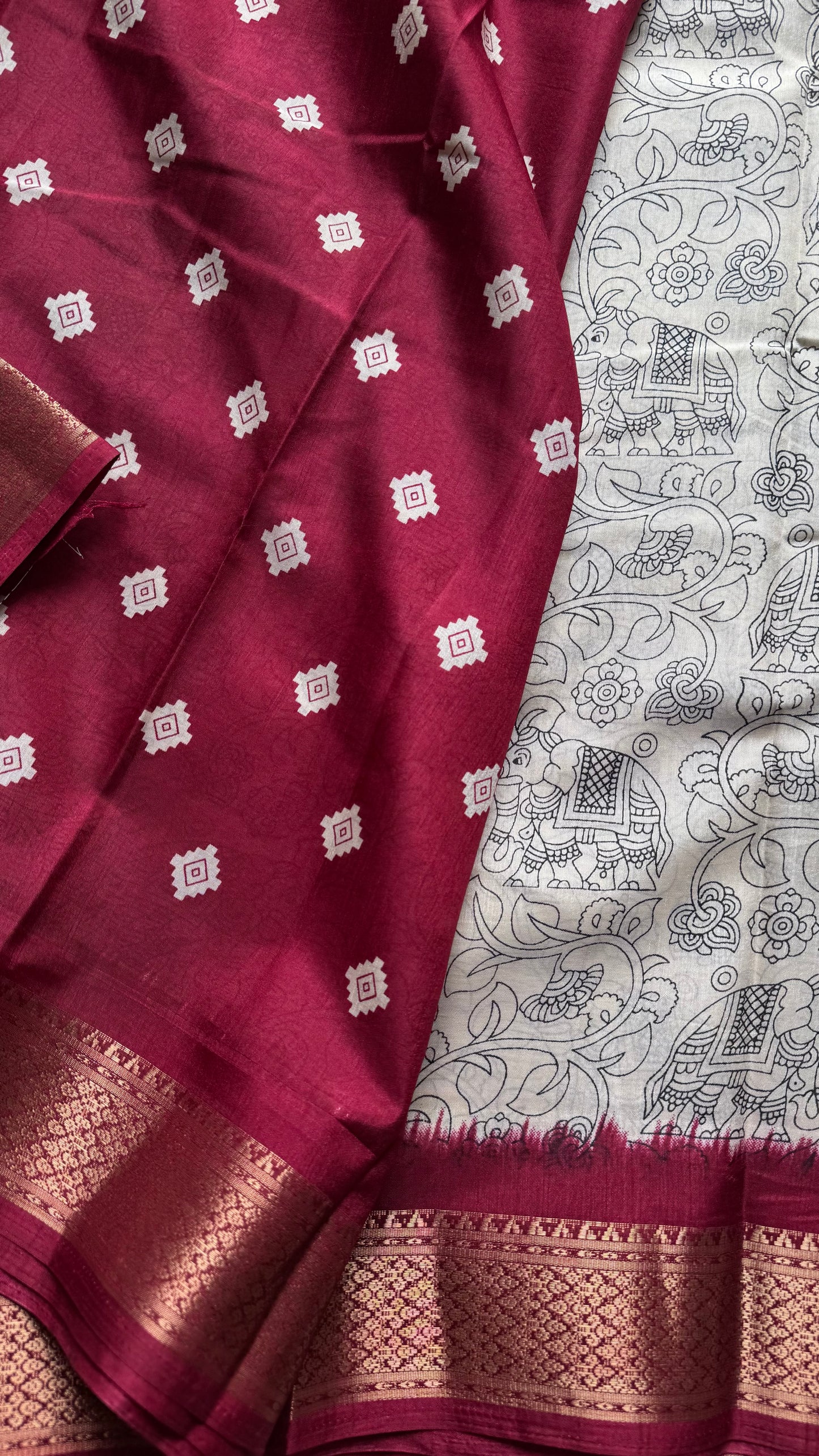 White and red contrast, printed kalamkari, semi-tussar - YCWOTDSTK03