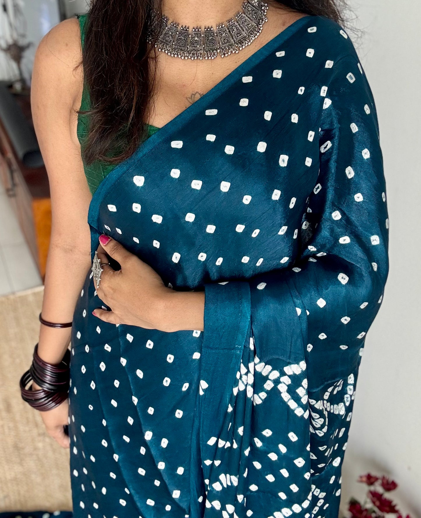 Peacock blue, crushed bandhani modal silk with lagdi patta (zari pallu) - YCDESE26