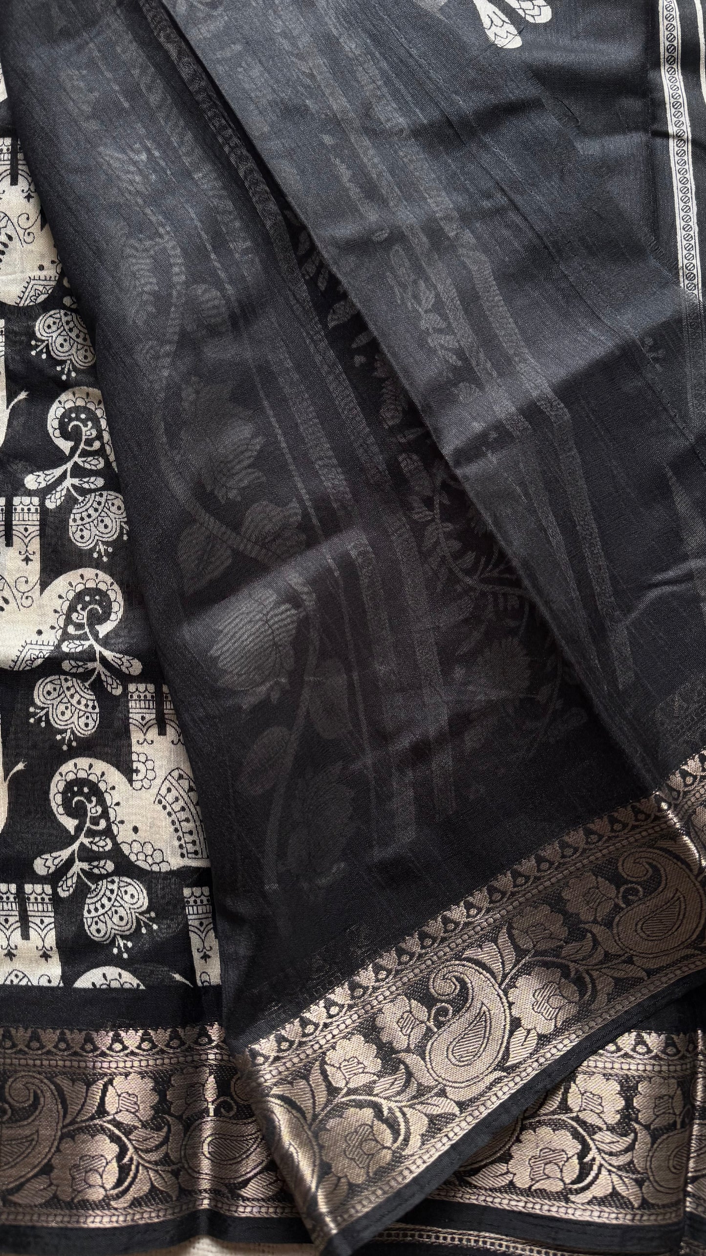 Black and white, printed kalamkari, elephant motif, semi-tussar - YCWOTDSTK04