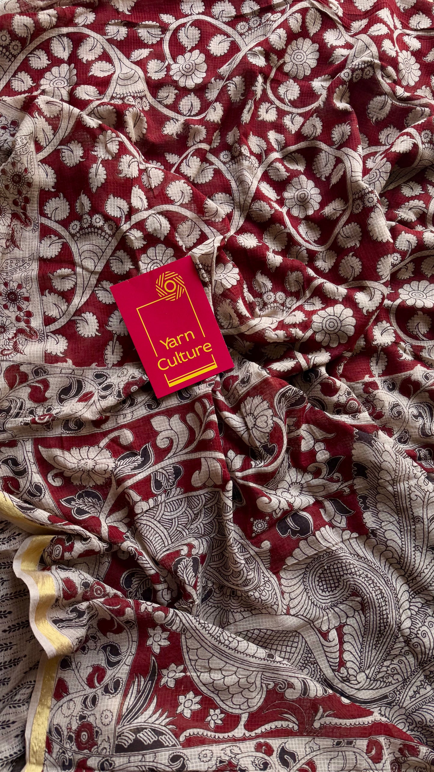 Red cream floral kalamkari saree in kota, with zari border - YCWOTDKKFE17