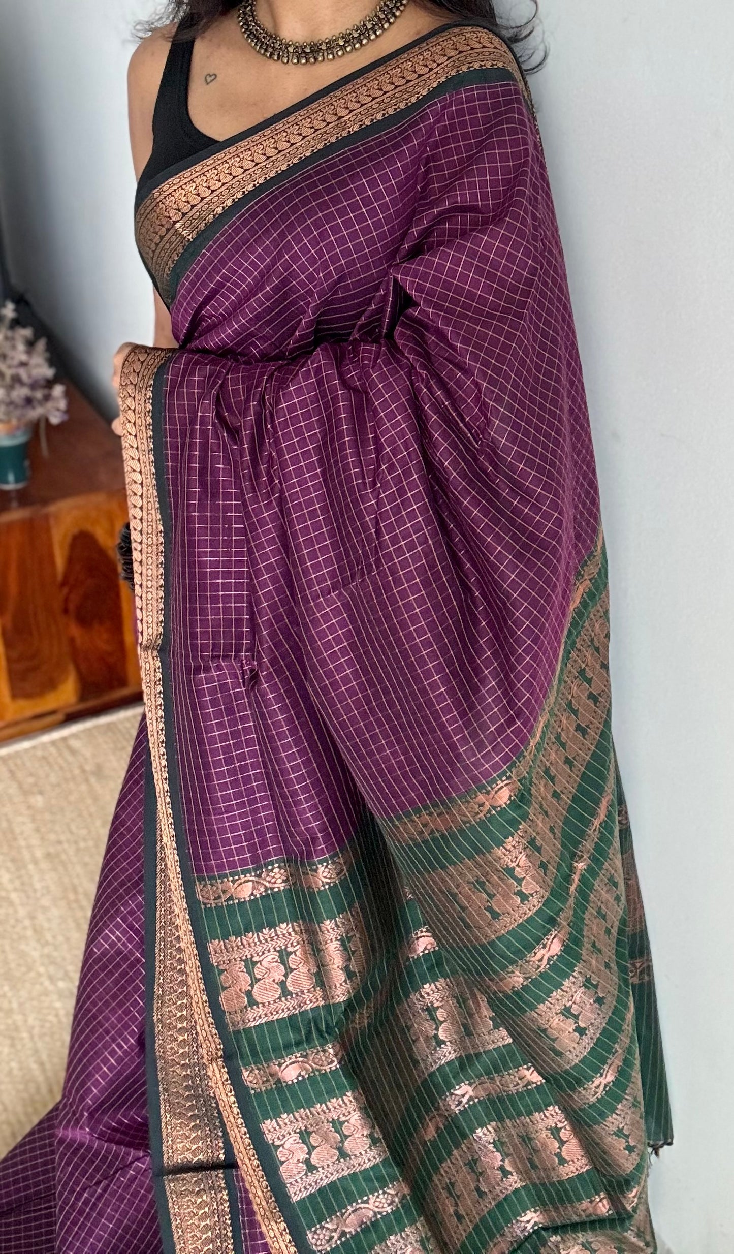 Dark purple with dark green, checks - cotton silk - YCCOTNSEKCS11