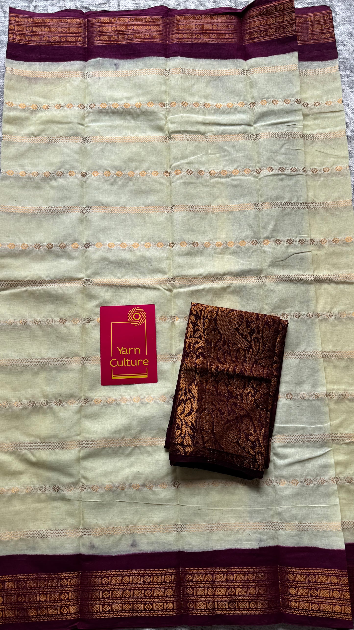 Custard yellow with maroon, motif striped sungudi, soft cotton - YCCOTNSSP02