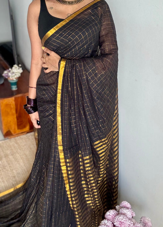 Black mul with gold checks and zari border - YCBCMCDE20