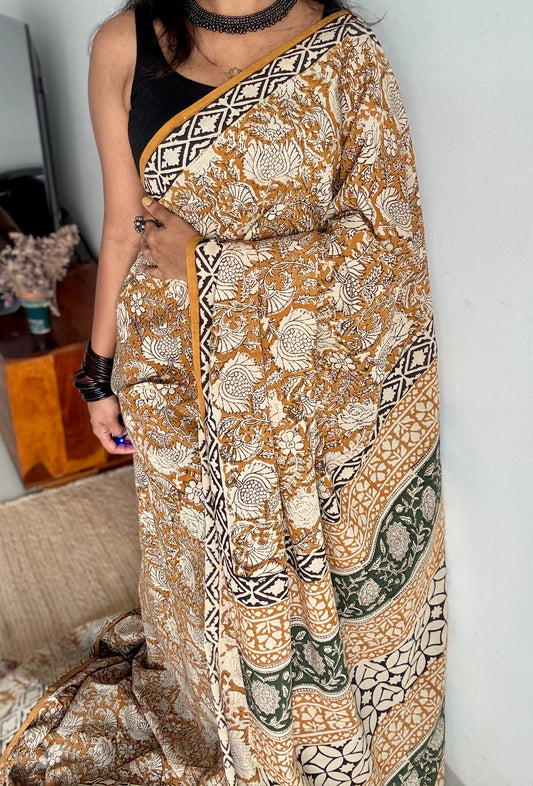 Sunehri - earthy mustard with floral vine motifs, block print, soft cotton - YCWOTDNOBP91