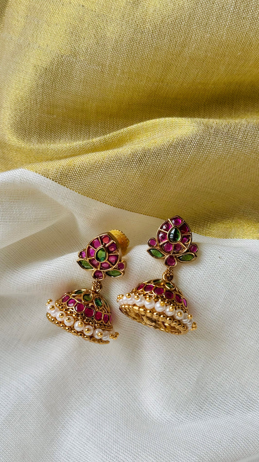 Ruby green pearl small jhumka 2 - YCGPER830