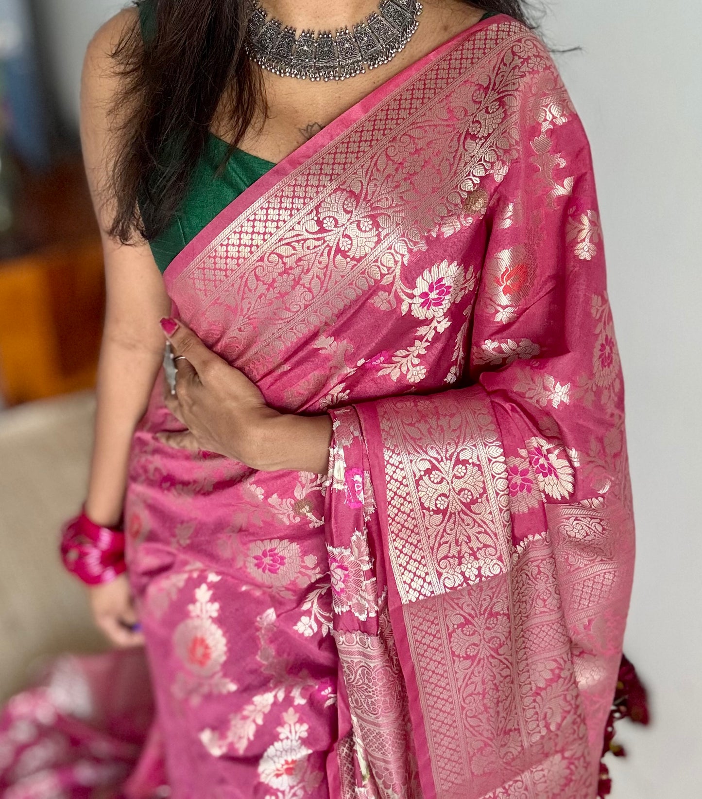 Dusty pink meenakari floral pattern in silver zari, Banarasi katan dupion silk - YCDESE09
