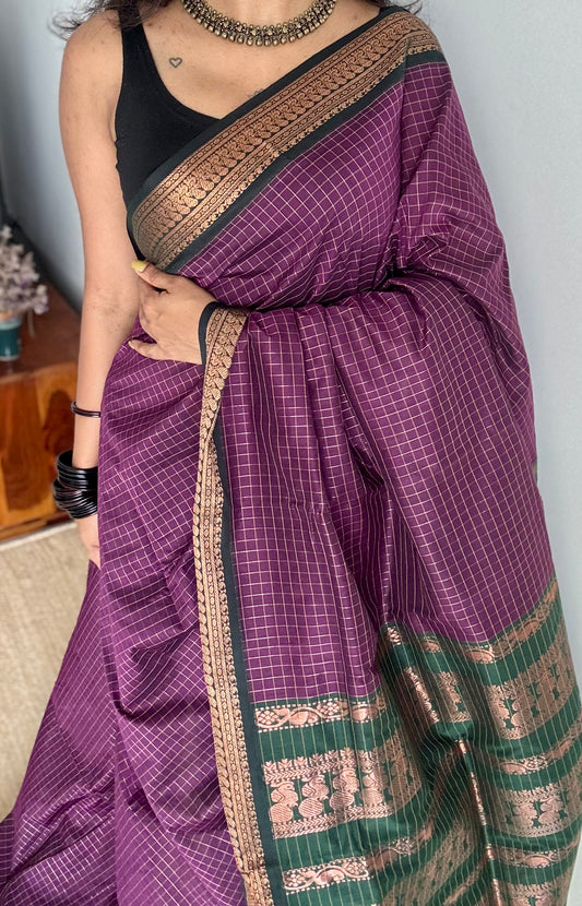 Dark purple with dark green, checks - cotton silk - YCCOTNSEKCS11