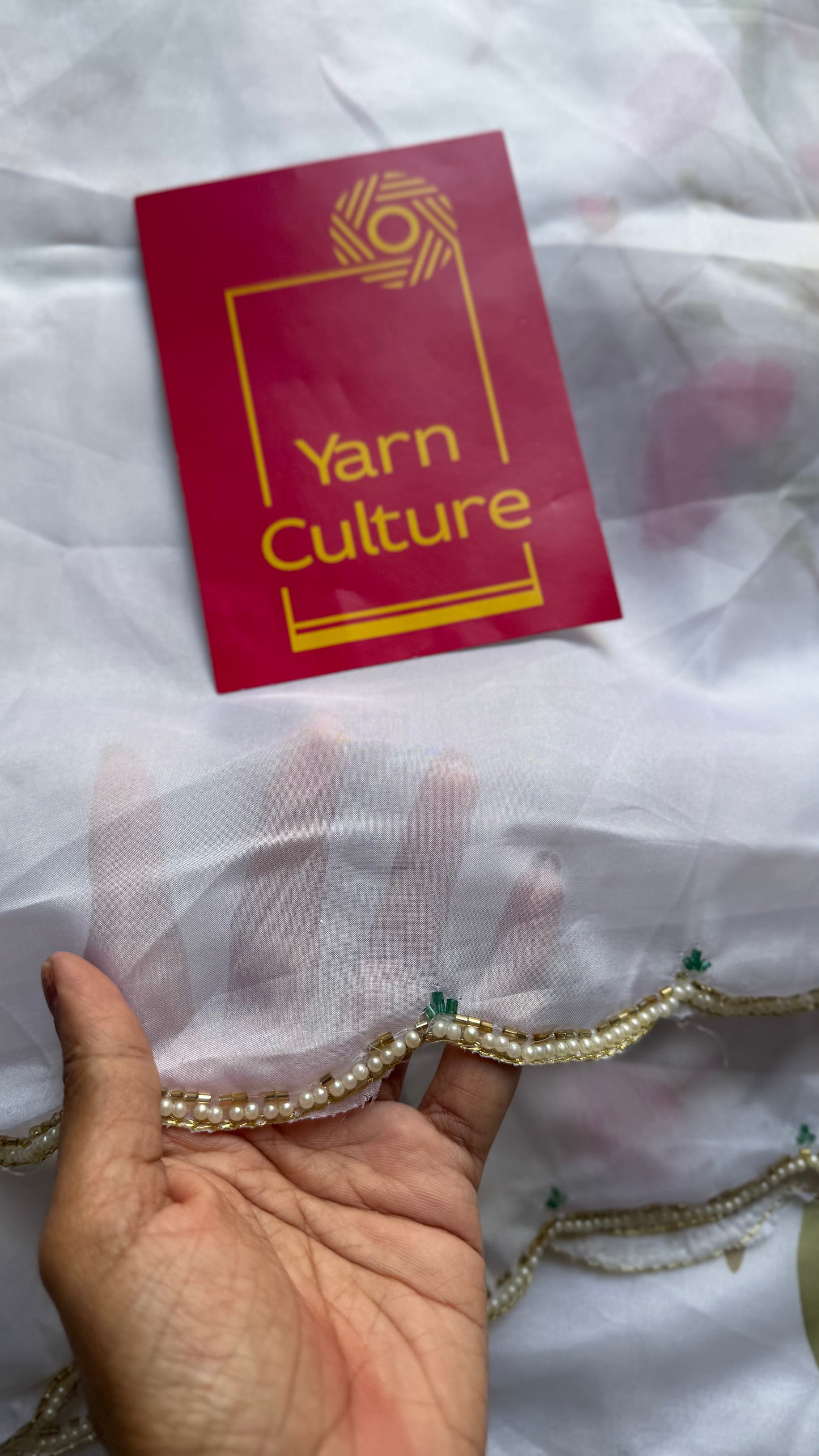 Snow Blossom - white floral handworked sequins work, tabby silk - YCDOSNO51