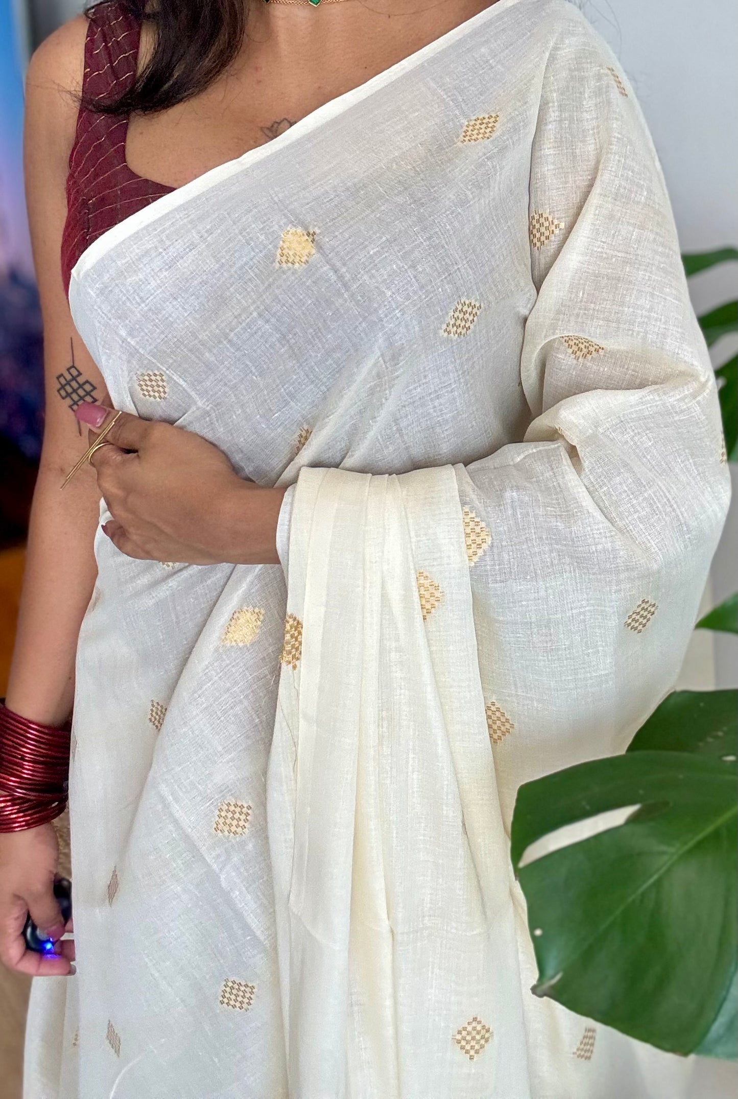Ivory and gold kerala saree with woven buttas - YCIEON42