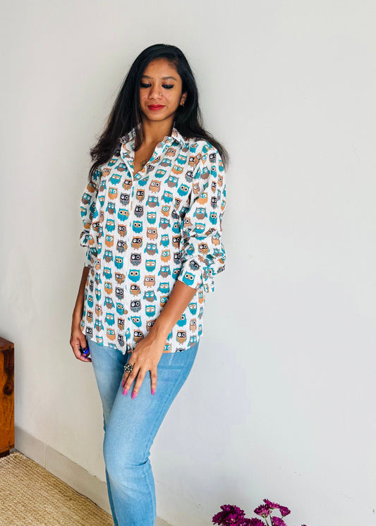 Owl Party - blockprinted cotton stitched shirt, collared neck, full sleeves - YCSEBPSJA210