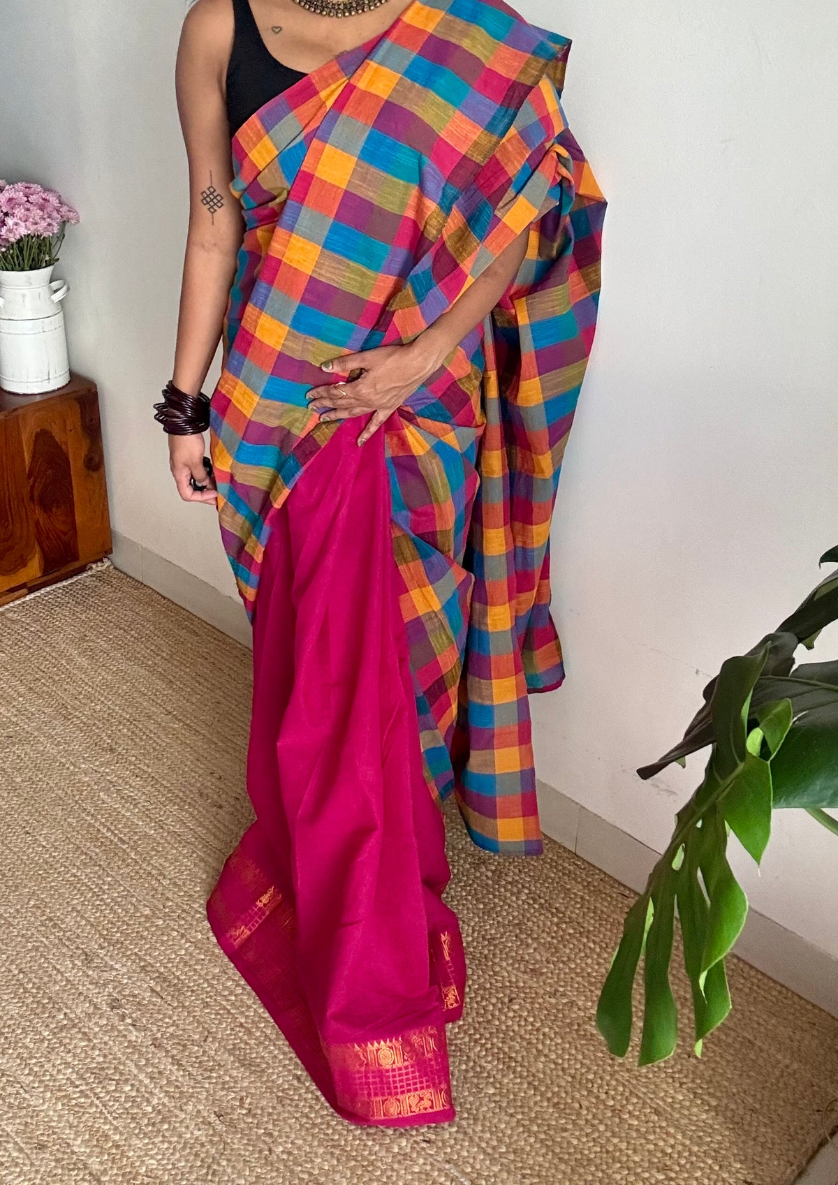 Hot pink with multicoloured madras checks, cotton half and half saree - YCCOTNIDOC163