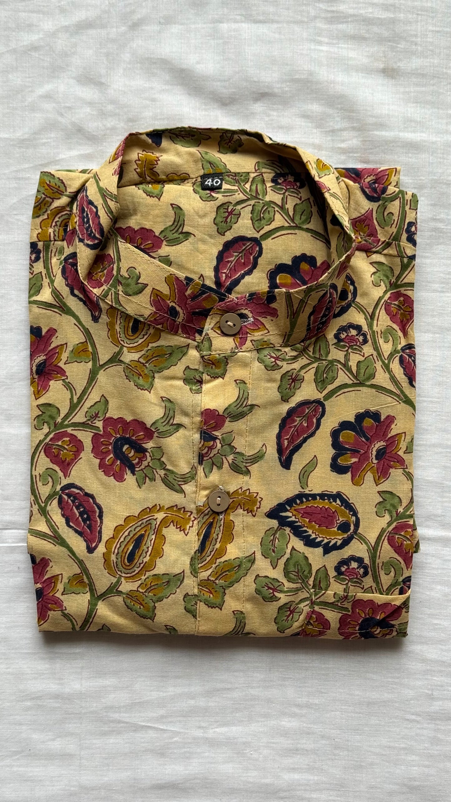 Light Cream Floral Block Printed Cotton Men's Mandarin Collar Kurta Shirt - YCMSEIE201